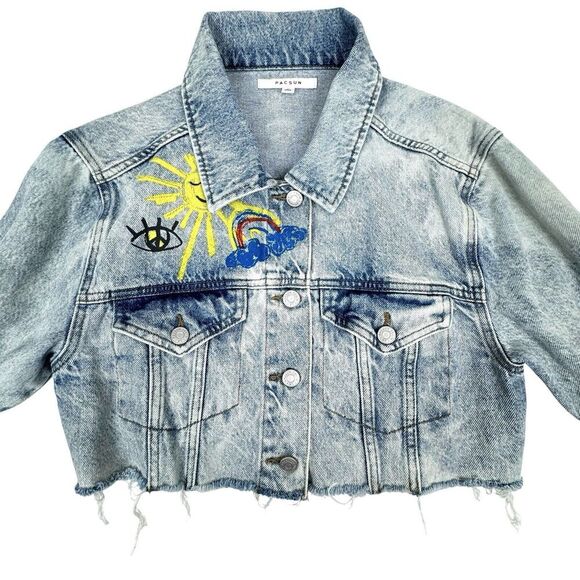 Pacsun Crop Denim Jacket Medium Graffiti Skater Distressed Painted Art Sun Peace - Picture 3 of 13
